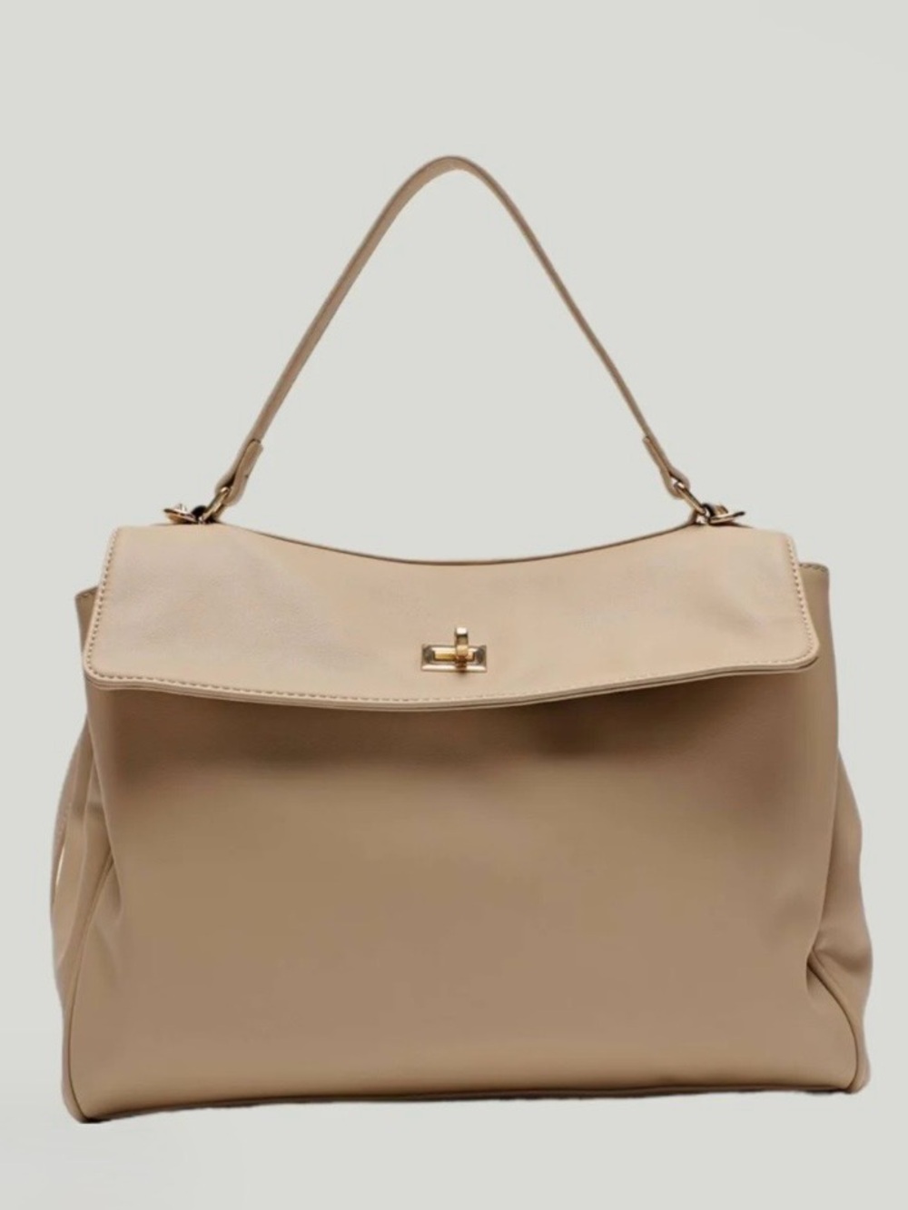 Cream Structured Top-Handle Tote Bag with Turn-Lock Closure
